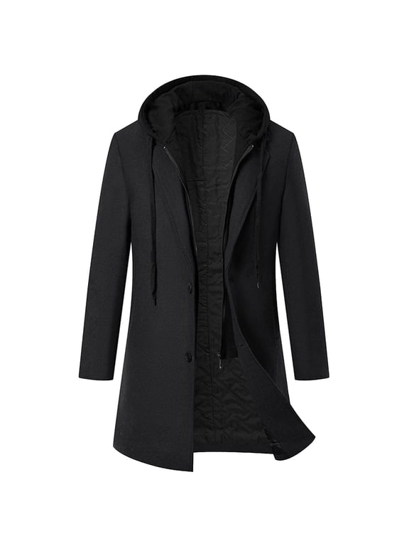 Men's Wool Coat Hoodie Long Trench Coat Cotton Casual Woollen Overcoat Jacket