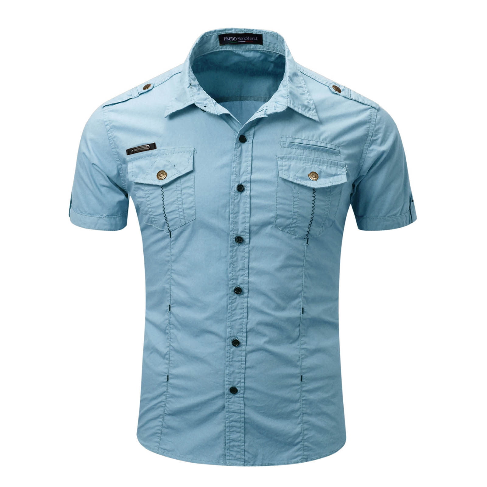 JXMVOJ Men's Workwear Short Sleeved Shirts, Casual Cotton Shirts, Lapel Collar Button-Down Shirts Military Style Shirt Summer Light Shirts Business Work Tops with Double Pockets