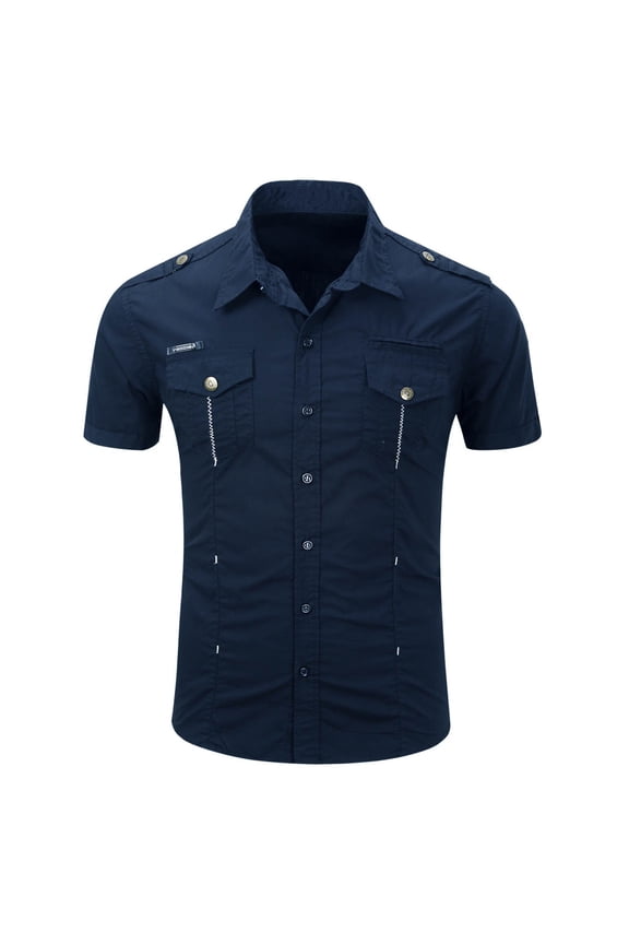 Men's Workwear Short Sleeved Shirts, Casual Cotton Shirts, Lapel Collar Button-Down Shirts Military Style Shirt Summer Light Shirts Business Work Tops with Double Pockets