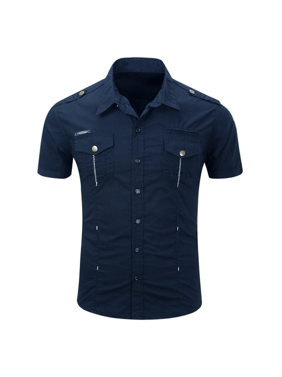 Men's Workwear Short Sleeved Shirts, Casual Cotton Shirts, Lapel Collar Button-Down Shirts Military Style Shirt Summer Light Shirts Business Work Tops with Double Pockets