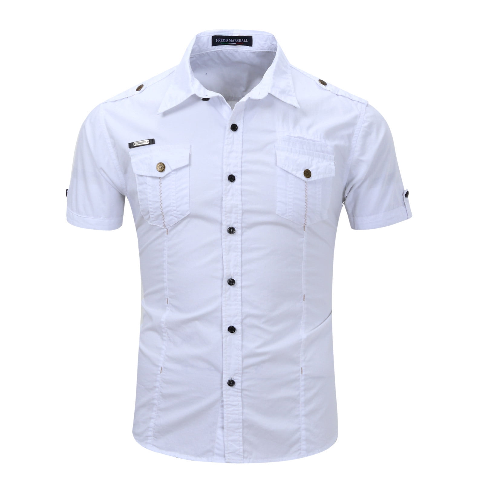JXMVOJ Men's Workwear Short Sleeved Shirts, Casual Cotton Shirts, Lapel Collar Button-Down Shirts Military Style Shirt Summer Light Shirts Business Work Tops with Double Pockets
