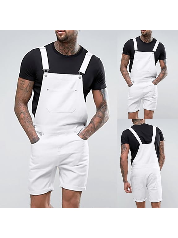 Mens Denim Shorts Bib Overall Jean Romper Casual Loose Fit Walkshort Button Pockets Summer Jumpersuit