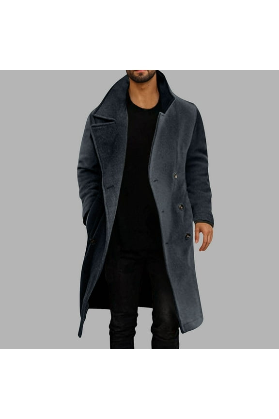 Mens Double Breasted Trench Coat Casual Lapel Collar Business Winter Long Overcoats Men Casual Solid Double-breasted Turndown Windbreaker Over The Knee Coat