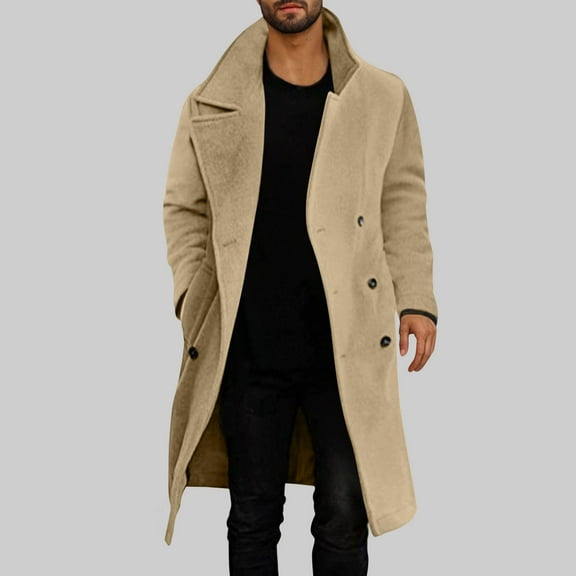 JXMVOJ Mens Double Breasted Trench Coat Casual Lapel Collar Business Winter Long Overcoats Men Casual Solid Double-breasted Turndown Windbreaker Over The Knee Coat