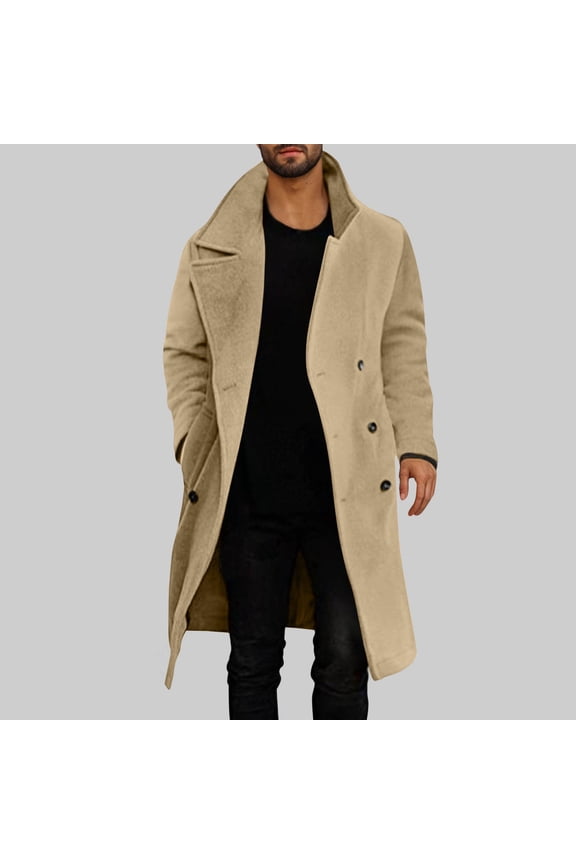 Mens Double Breasted Trench Coat Casual Lapel Collar Business Winter Long Overcoats Men Casual Solid Double-breasted Turndown Windbreaker Over The Knee Coat