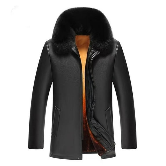 JXMVOJ Mens Leather Jacket 3/4 Length Leather Coat Warm Winter Long PU Leather Jacket Lined Duster Trench Coat Men Vintage Jacket Fleecing Leather Hooded Long Sleeve Coat Fashion Casual Tops