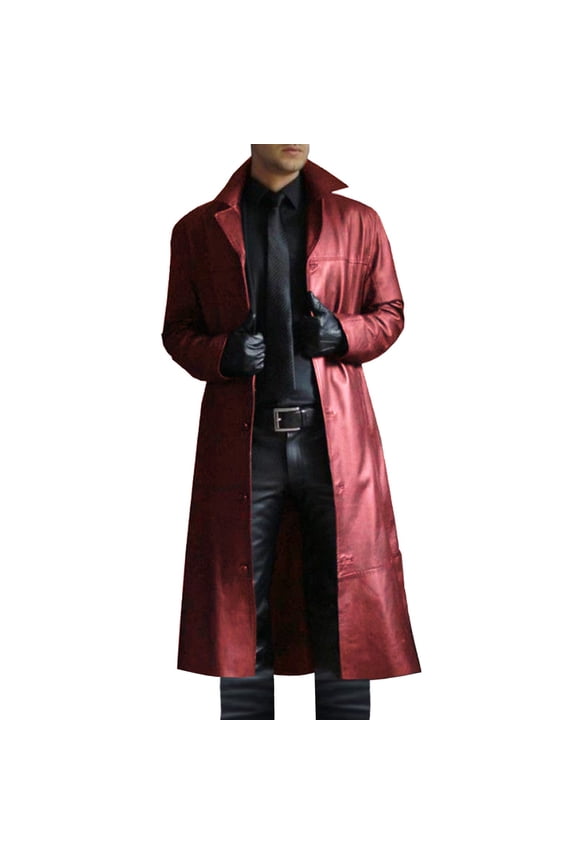 Mens Leather Trench Coat Full Length Classic Leather Long Coat Steampunk Military Officer Uniform Overcoat Lapel Solid Color Slim Leather Long Leather Jacket Men's Windbreaker Jacket