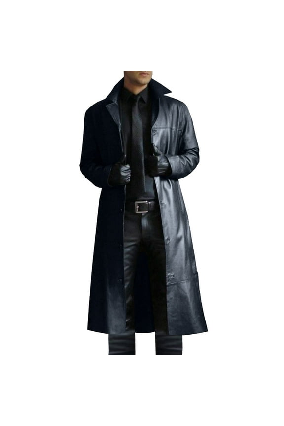 Mens Leather Trench Coat Full Length Classic Leather Long Coat Steampunk Military Officer Uniform Overcoat Lapel Solid Color Slim Leather Long Leather Jacket Men's Windbreaker Jacket