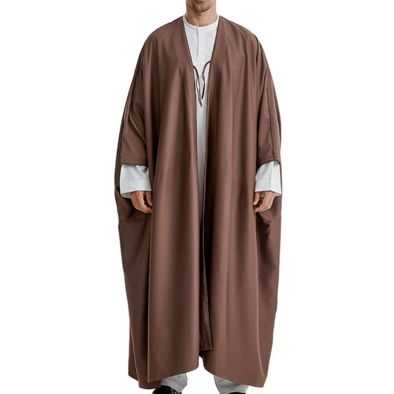 JXMVOJ Mens Muslim Thobe Islamic Long Sleeve Robes Middle East Arab Dubai Solid Kaftan Long Gown Shirts Men's Robe Arab Middle Robe Long Style Long Sleeve Neck Pocket Long Shirt Fashion Casual Robe