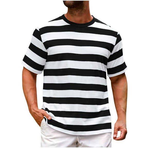 JXMVOJ Mens Striped Short Sleeve Basic Crew Neck Shirts Summer Casual Business Fitness Round-Neck Blouses Loose-Fit Cotton Tops Comfort Breathable Tees