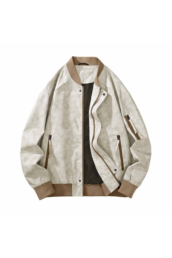 Mens Varsity Jacket Casual Sleeve Baseball Letterman Bomber Jacket Coat Man Leisure Time Solid Color Pocket Zipper Retro Style Long Sleeves Loose Coat