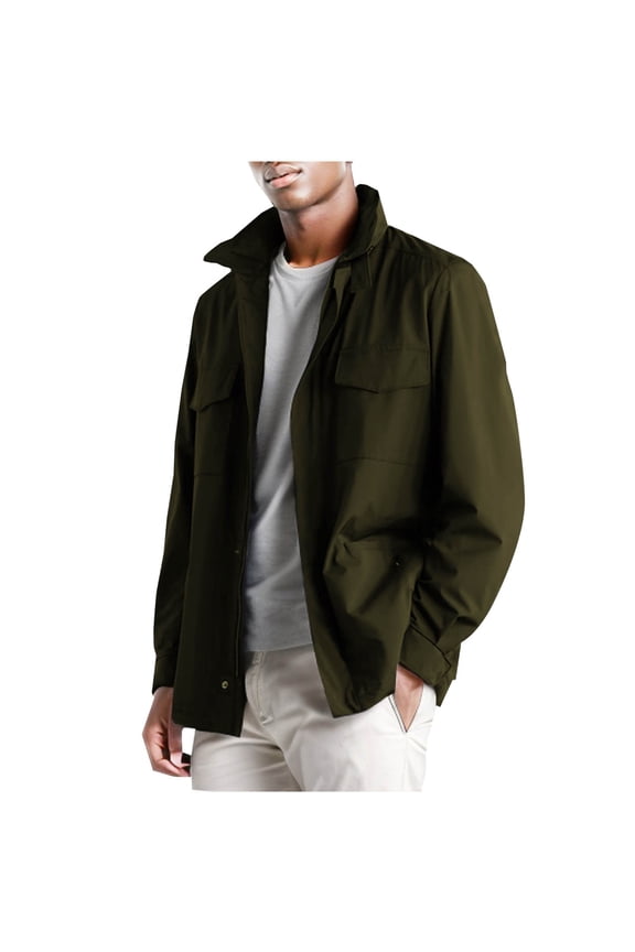 Mens Washed Cotton Military Jacket Long Sleeve Hoodless Casual Outwear