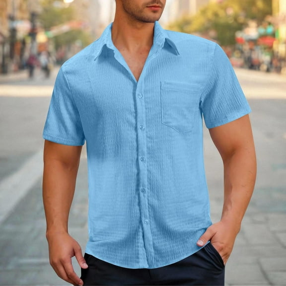 JXMVOJ Short Sleeve Shirts for Men Solid Color Tee Tops Shirts Plain Button Up Autumn Shirts Turndown Collar Cotton Linen Long/Short Sleeve Blouses Shirts