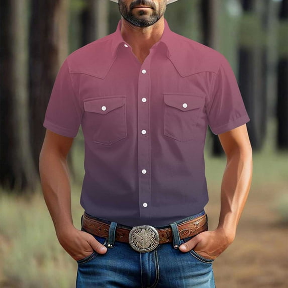 JXMVOJ Stretch Short Sleeve Shirt with Pockets,Men's Summer Cotton Button Down Casual Shirts,Gradient Print Regular Fit Casual Business Shirt, Lightweight Beach Tops