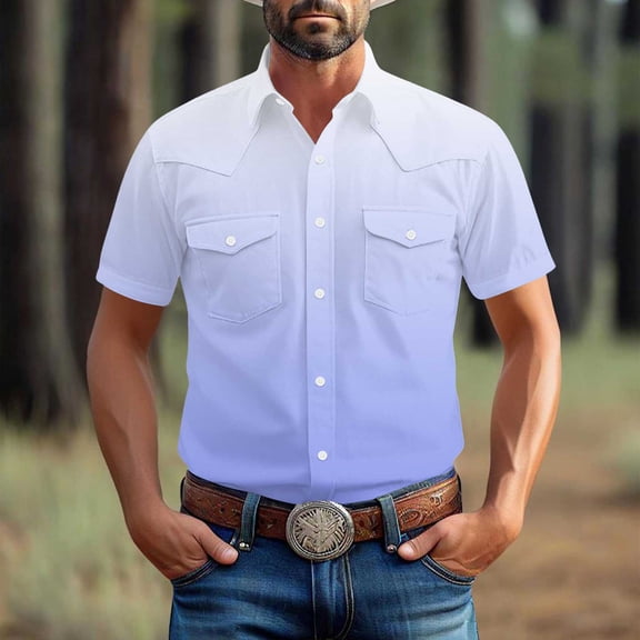 JXMVOJ Stretch Short Sleeve Shirt with Pockets,Men's Summer Cotton Button Down Casual Shirts,Gradient Print Regular Fit Casual Business Shirt, Lightweight Beach Tops