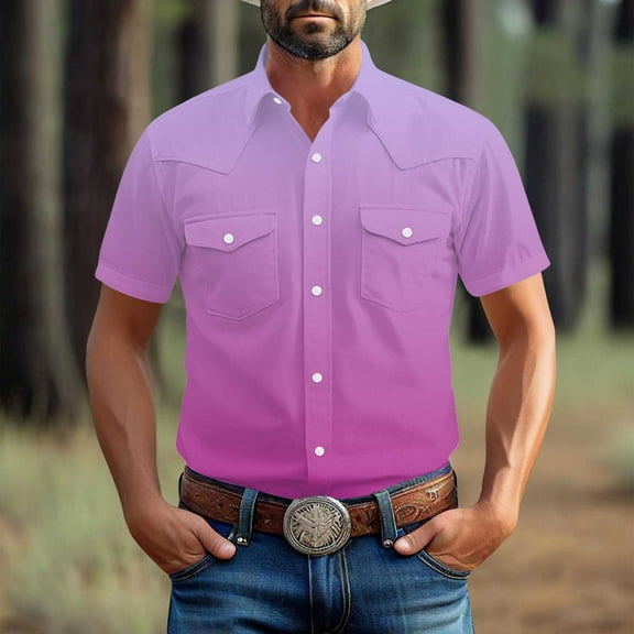 JXMVOJ Stretch Short Sleeve Shirt with Pockets,Men's Summer Cotton Button Down Casual Shirts,Gradient Print Regular Fit Casual Business Shirt, Lightweight Beach Tops