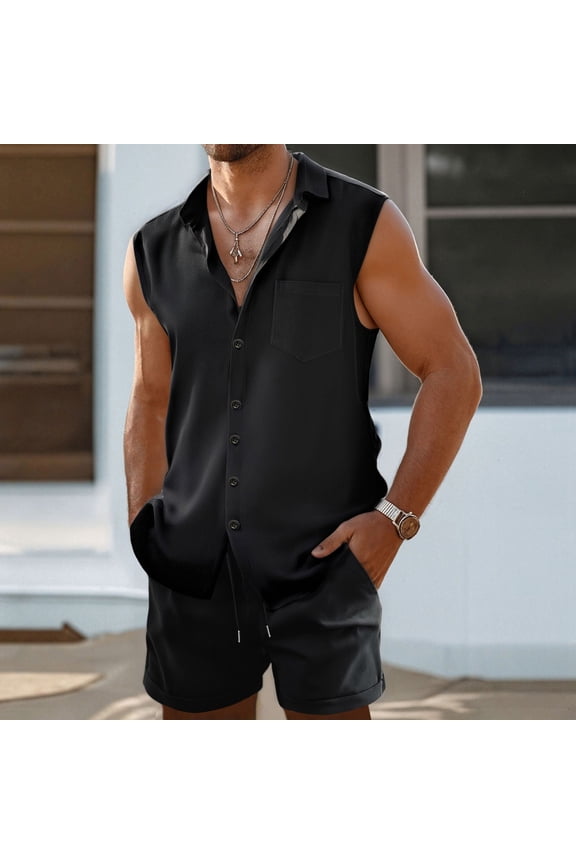 Summer Men's Casual Formal Suit, Lightweight Polyester Collared Button Front, Sleeveless Multi-Occasion Attire for Daily Work Party