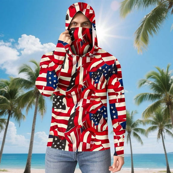 JXMVOJ UPF 50+ Sun Protection Hoodie Men Women Independence Day Long Sleeve Summer Hooded Shirt Ice Silk Pullover with Face Mask Cool Head Cover UV Neck Guard Windproof Tees