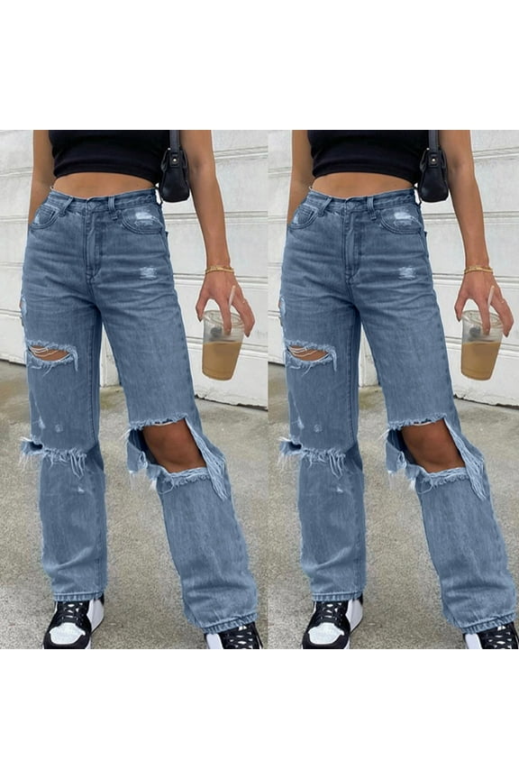 Women Button High Waist Pocket Elastic Hole Trousers Loose Pants - Blue,Butt Lifting Leggings For Women