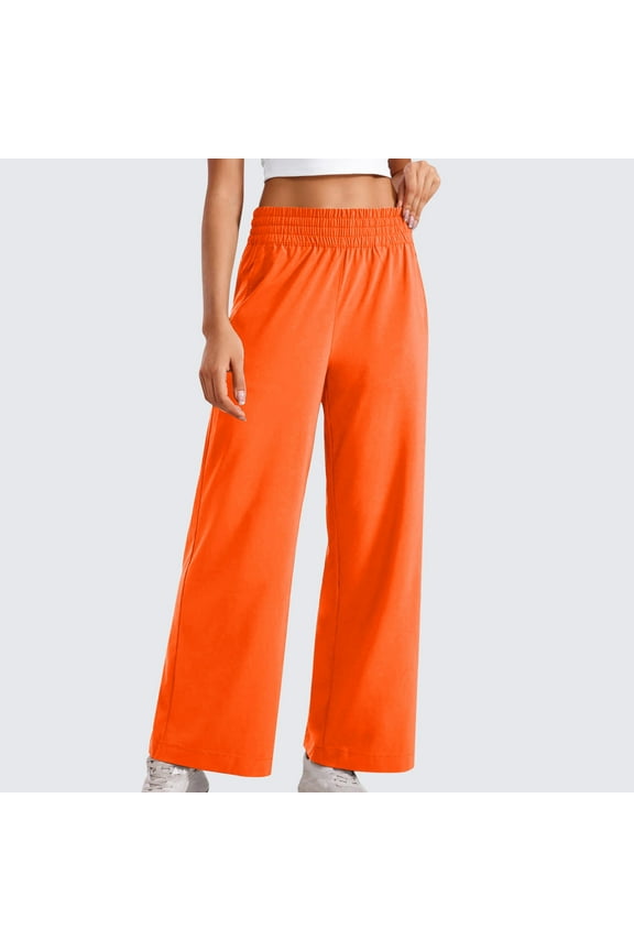 Women Solid Color Elastic Waist Sports Casual Pants With Side Pockets - Orange,Workout Leggings For Women