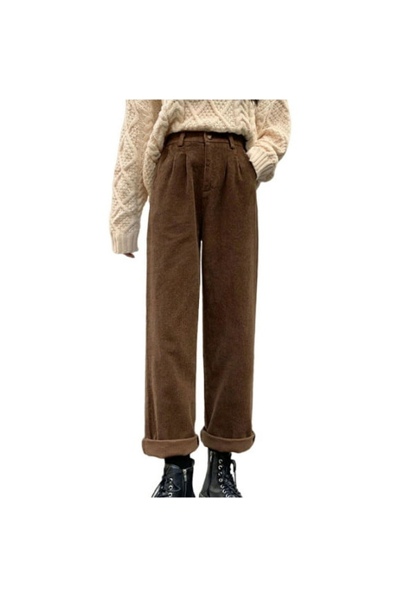 Women's Vintage High Waisted Straight Leg Corduroy Pants Trouser Women Winter Solid Color Corduroy With Pocket Pleated Pants Long Pants