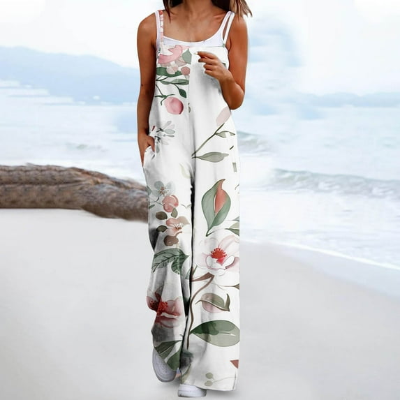 JXMVOJ Womens Casual Jumpsuits Loose Overalls Sleeveless Stretchy Wide Leg Long Pants Romper Women Fashion Casual Loose Printed Pockets Sleeveless Back Strap Jumpsuit with Pockets