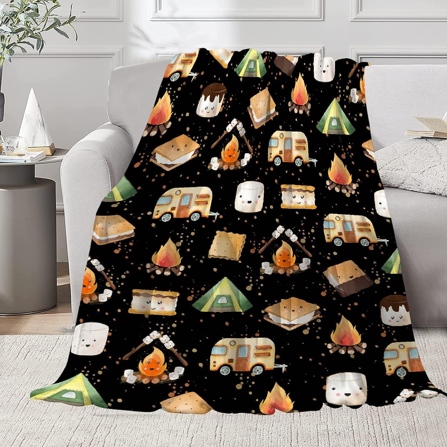 JXNUO Cute Smores Blanket Ultra Soft Marshmallow Throw Blanket Plush Warm Cozy Roasted Marshmallows Blanket for Couch Sofa Travel Camping Camping Blanket Camper Gifts Home Decor Walmart