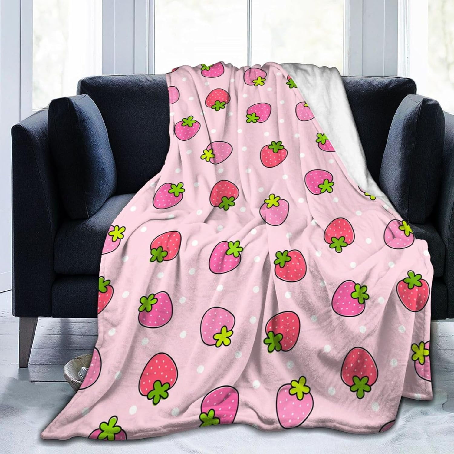 JXNUO Cute Strawberry Dot Pattern Blanket, Soft Blankets Flannel Bed