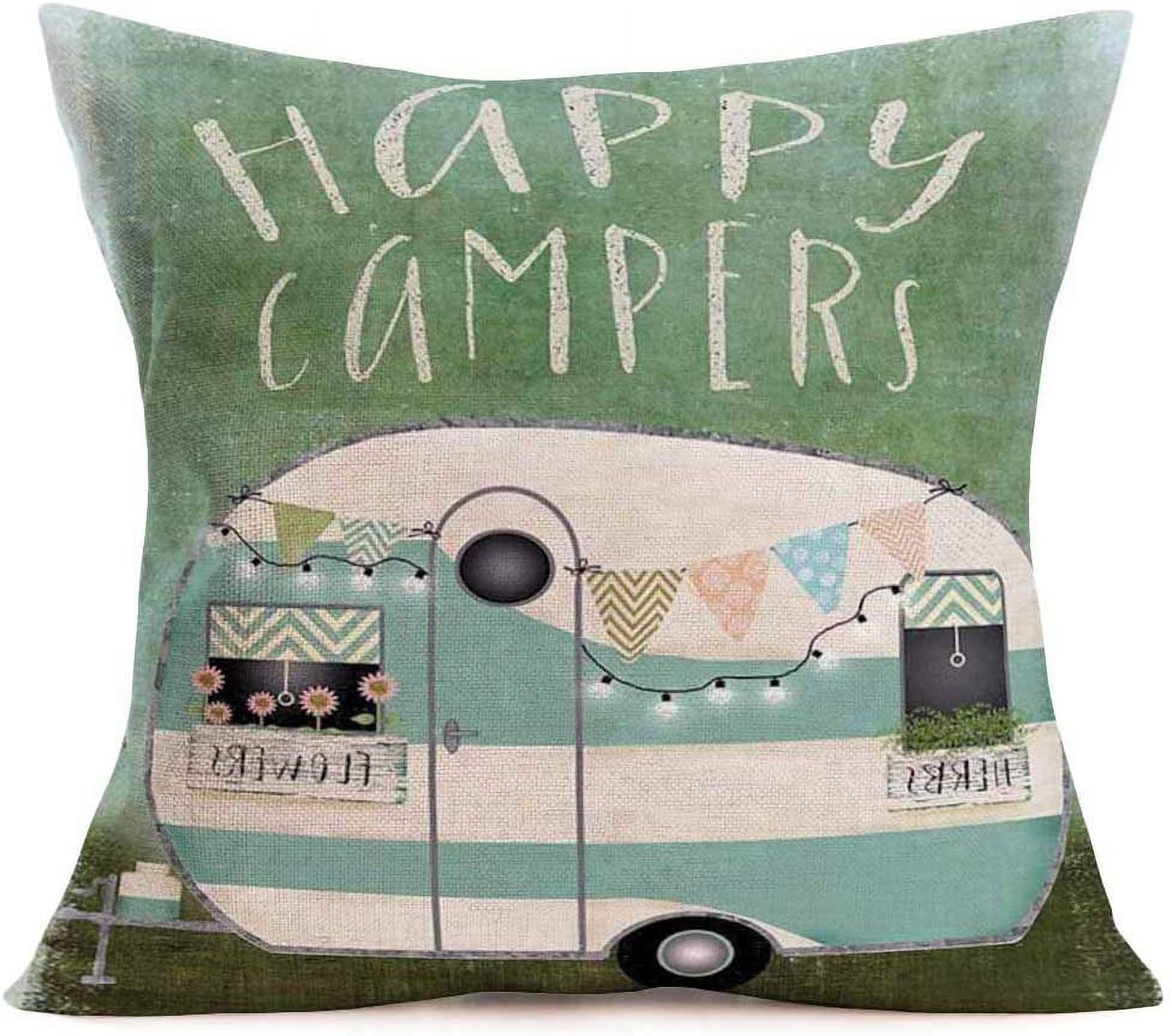 JXNUO Happy Camper Pillow Cover Polyester Fiber Linen Square Decorative
