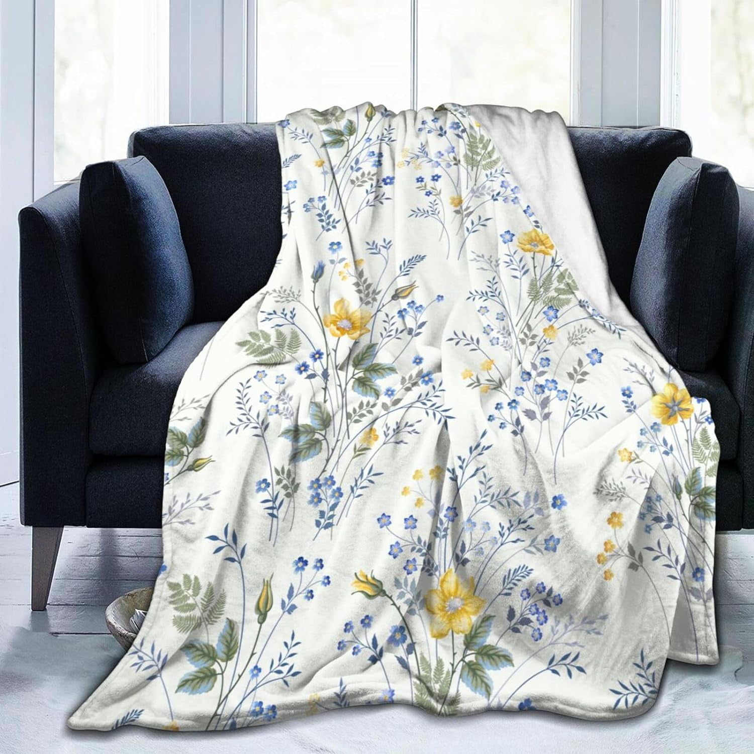 JXNUO Yellow Blue Grey Bright Flower Blanket, Soft Blankets Flannel Bed
