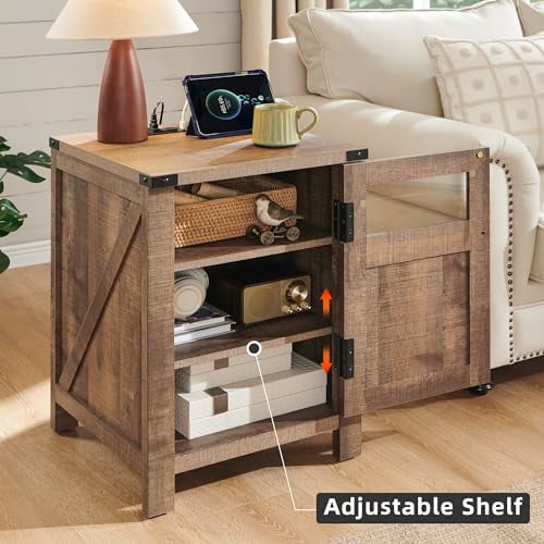 23.6" Farmhouse End Table With Charging Station – Adjustable Shelf, White & Black – Side Table With Outlets