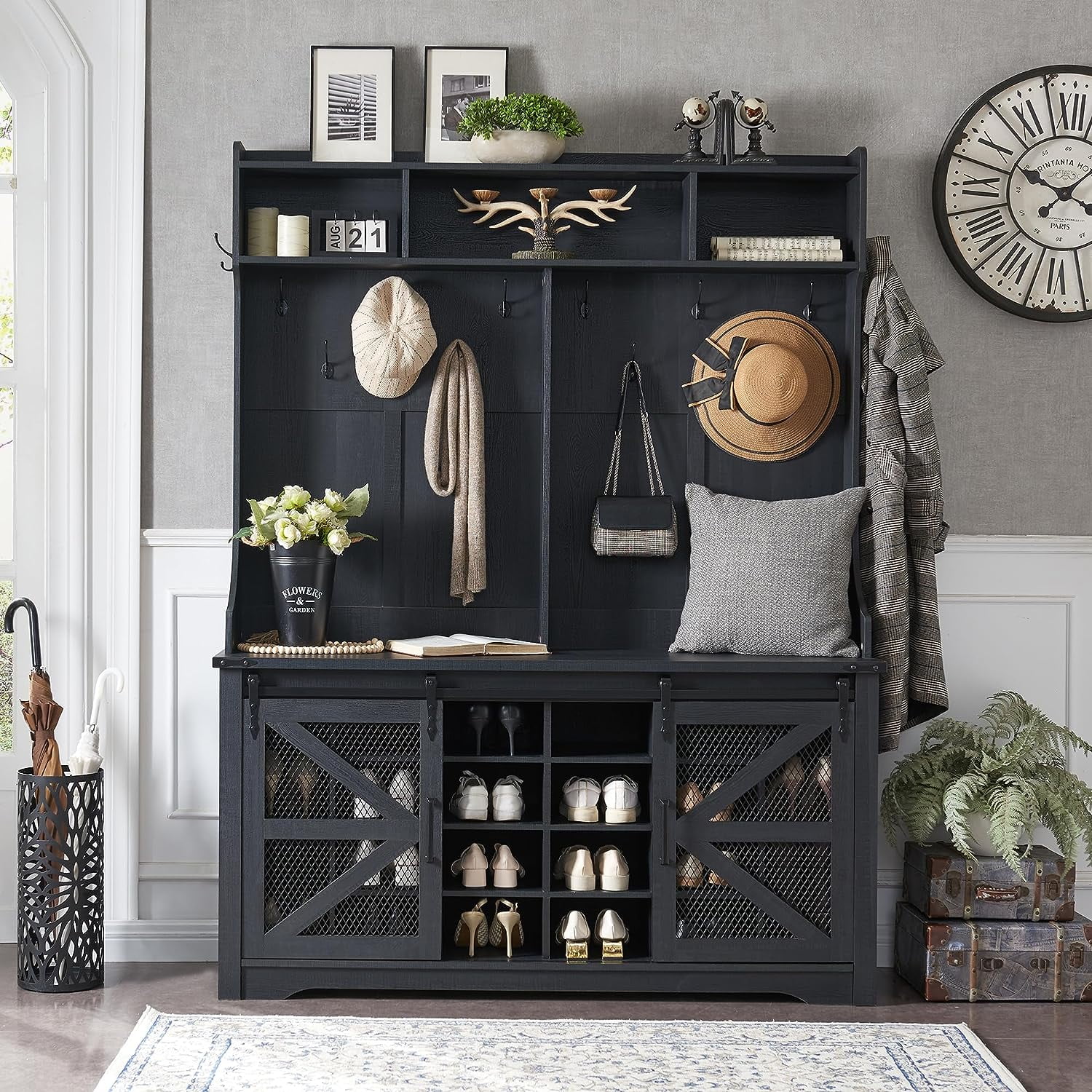 JXQTLINGMU Farmhouse Entryway Hutch with Coat Rack, 20 Shoe Cubbies