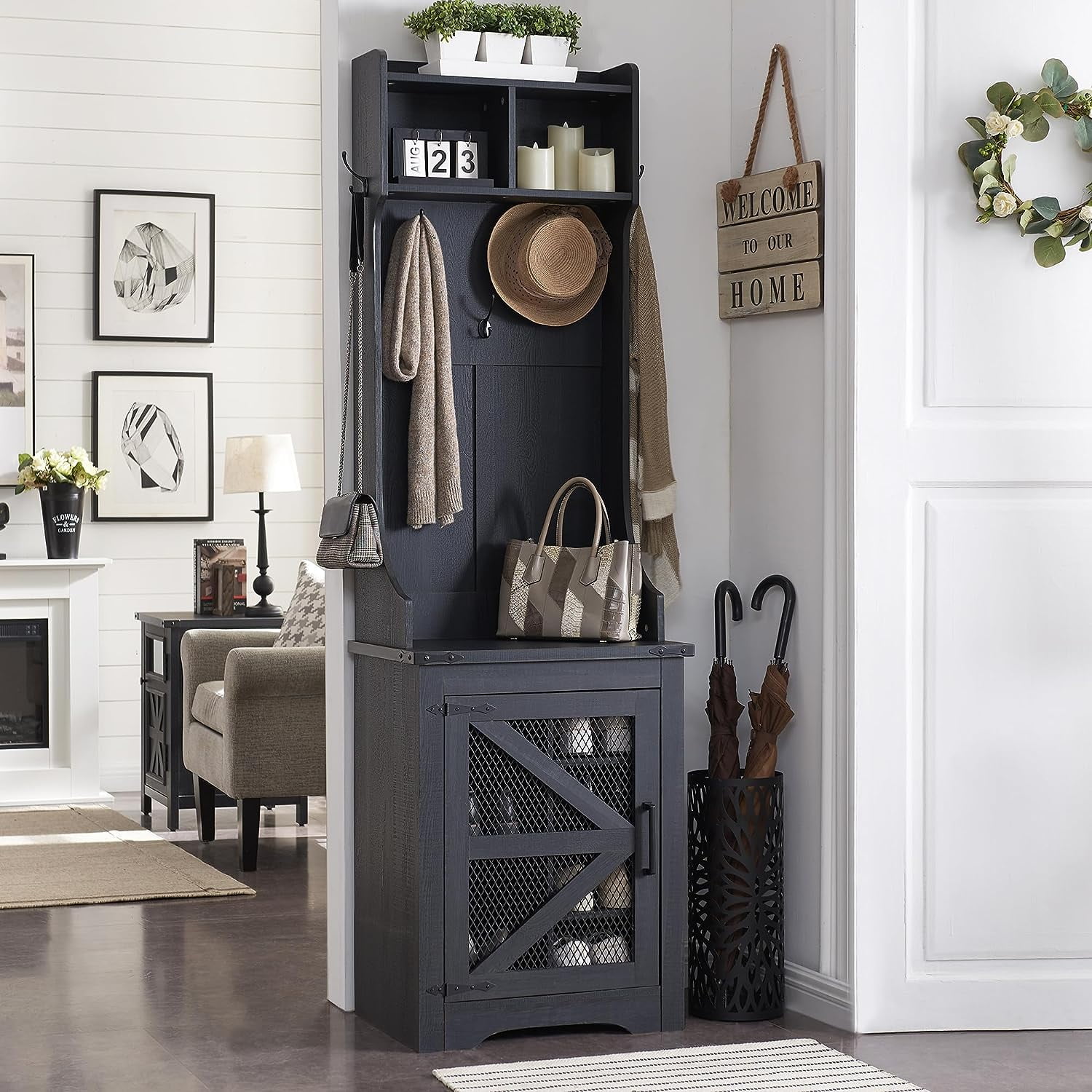 Farmhouse Entryway Hutch with Coat Rack, 6 Shoe Cubbies & 5 Coat Hooks