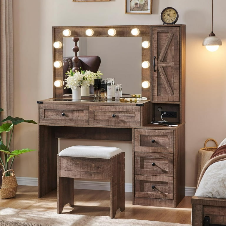 JXQTLINGMU Farmhouse Vanity Makeup Desk with Charging Station 43 W Vanity Desk with Lights Mirror and Drawers for Makeup Big Modern Vanity Table Set with Vanity Stool for Bedroom Light Brown