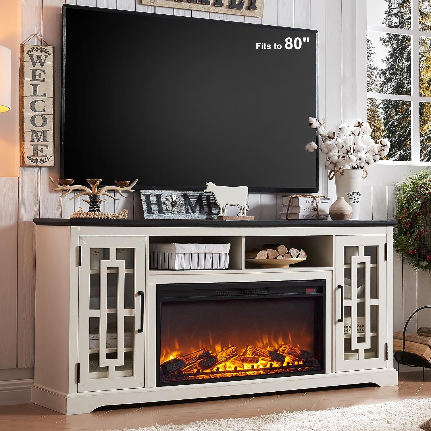 JXQTLINGMU Fireplace TV Stand with 36" Electric Fireplace for 80 Inch