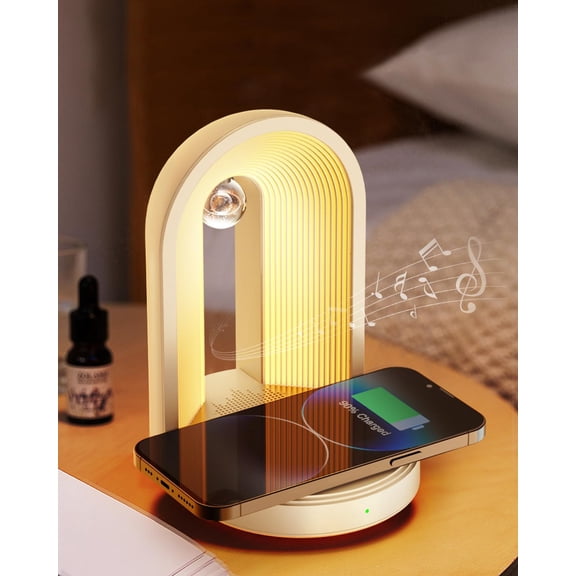 JXR 3 in 1 Charger Station with Wireless Phone Charger, LED Night Light, Bluetooth Speaker,Portable Dimmable Music Speaker Charger Touch Lamp. Birthday Gift for Women,Men, Mom, Dad. (White)