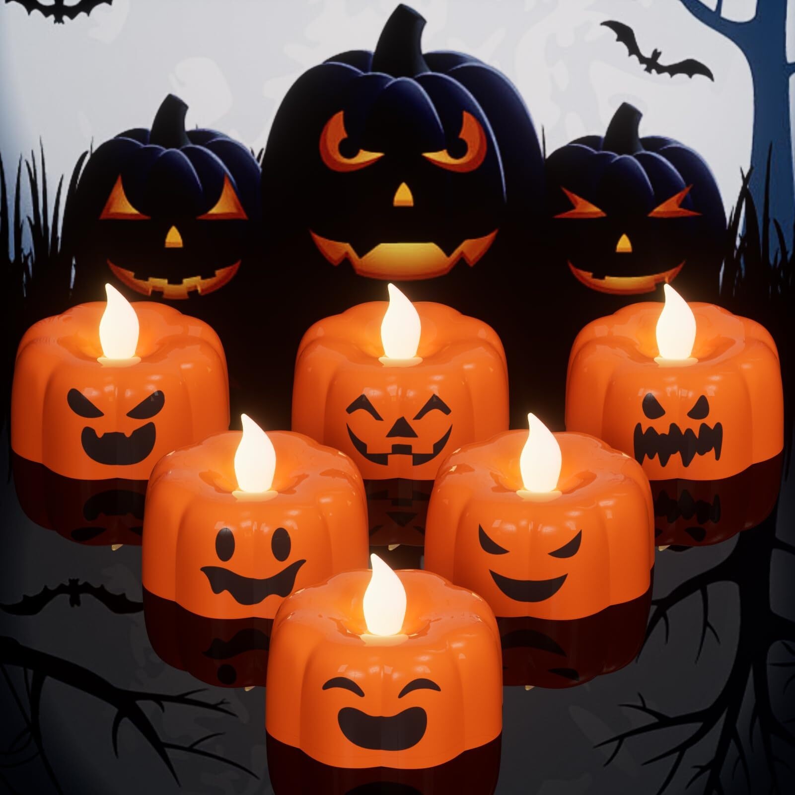 JXW Halloween Pumpkin Tea Lights Candles Battery Operated with Timer, 6 ...