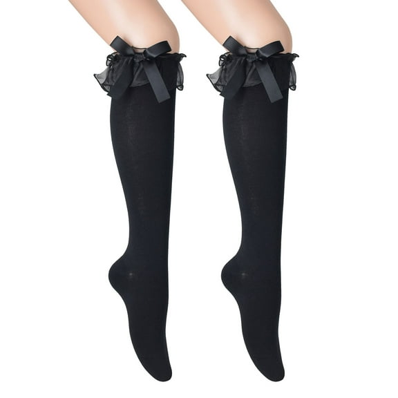 JXW Women's Girl Cotton Knee High Socks with Lace Ruffle Trim, Calf Socks Bow Style