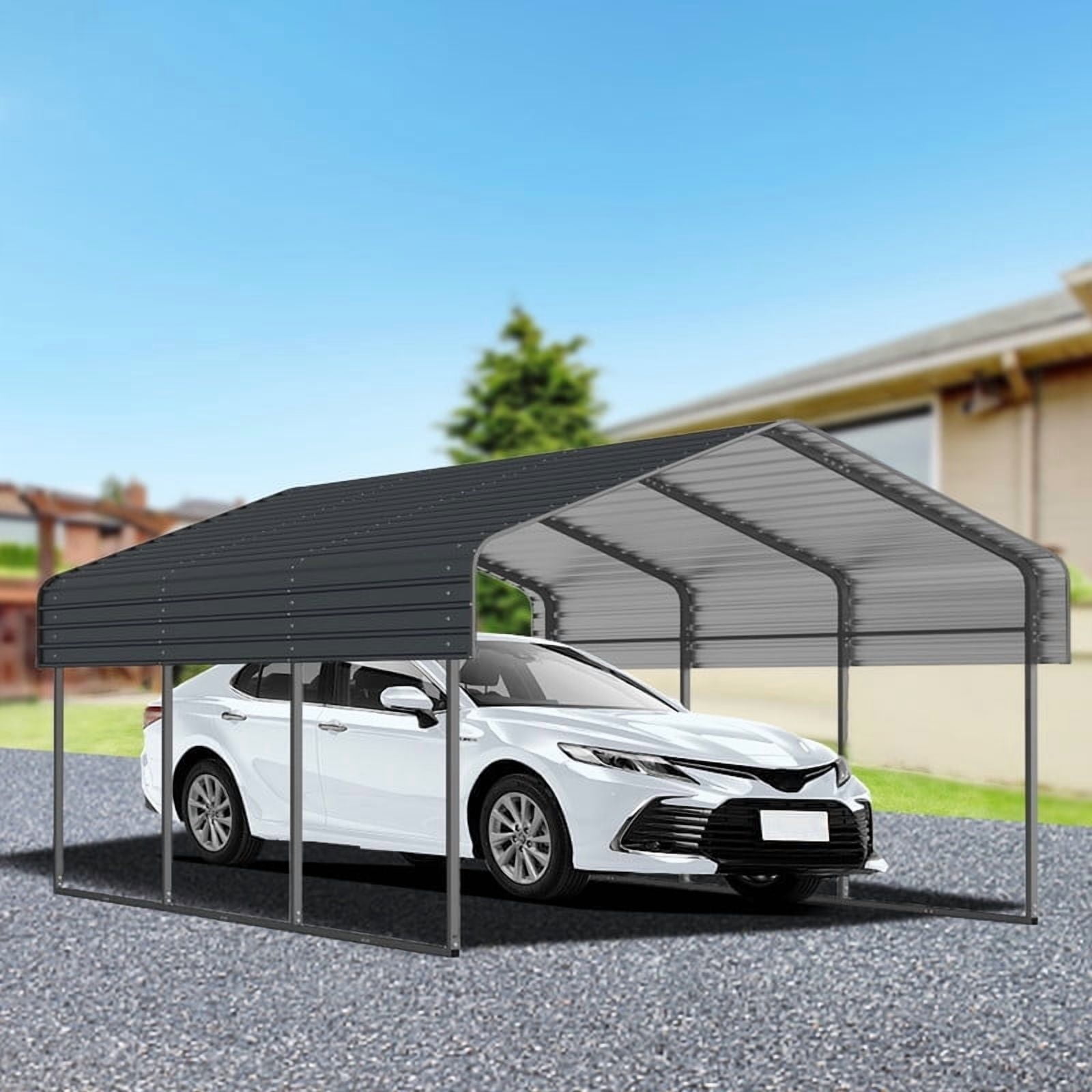 JXXRZ 10x15 FT Outdoor Metal Carport, Heavy Duty Galvanized Steel Car Canopy for Truck, SUV, Boat, Black