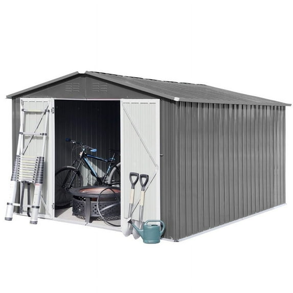 JXXRZ 10x12ft Heavy-Duty Metal Shed, Galvanized Steel Outdoor Storage with Secure Lockable Doors, Light Grey