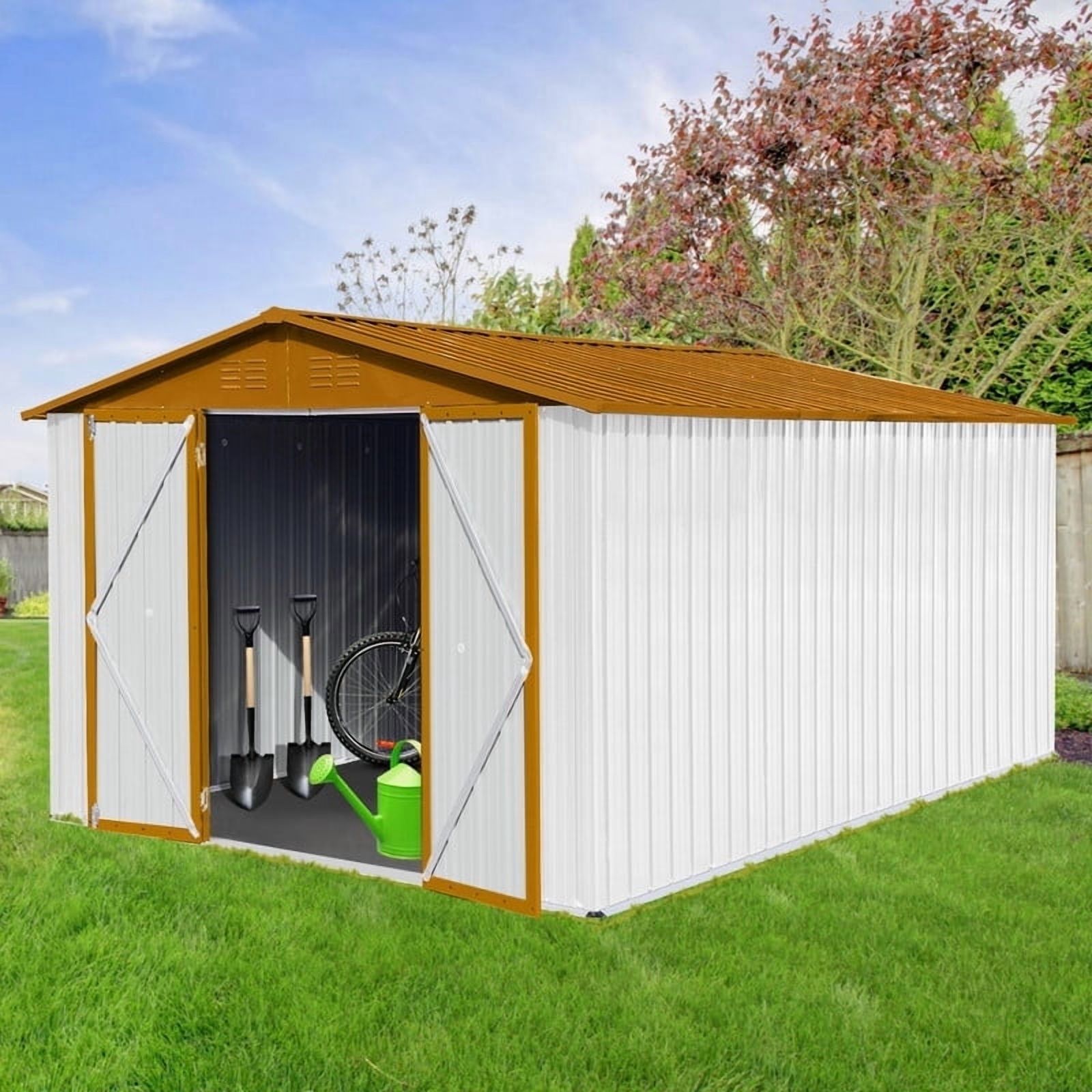 JXXRZ 10x12ft Heavy-Duty Metal Shed, Galvanized Steel Outdoor Storage with Secure Lockable Doors, White&Golden