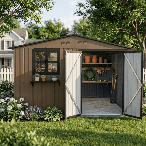 JXXRZ 10x8 FT Outdoor Metal Storage Shed, Lockable Garden Tool Shed with Windows, Double Doors, Brown&Black