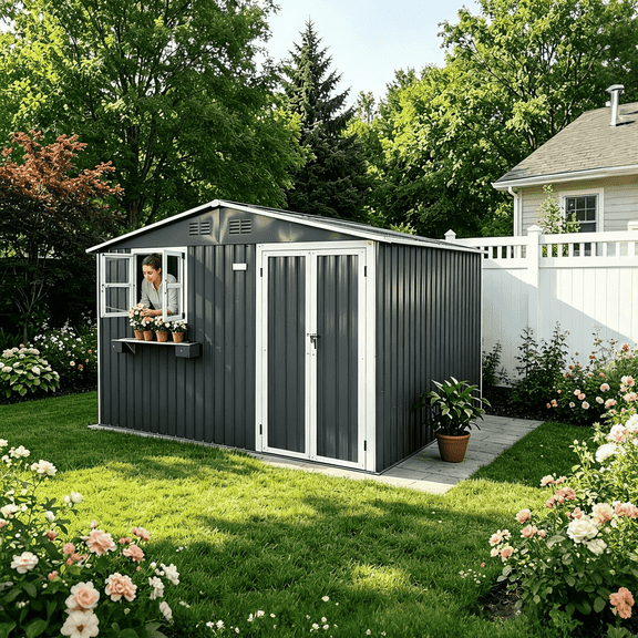 JXXRZ 10x8 FT Outdoor Metal Storage Shed, Lockable Garden Tool Shed with Windows, Double Doors, Gray