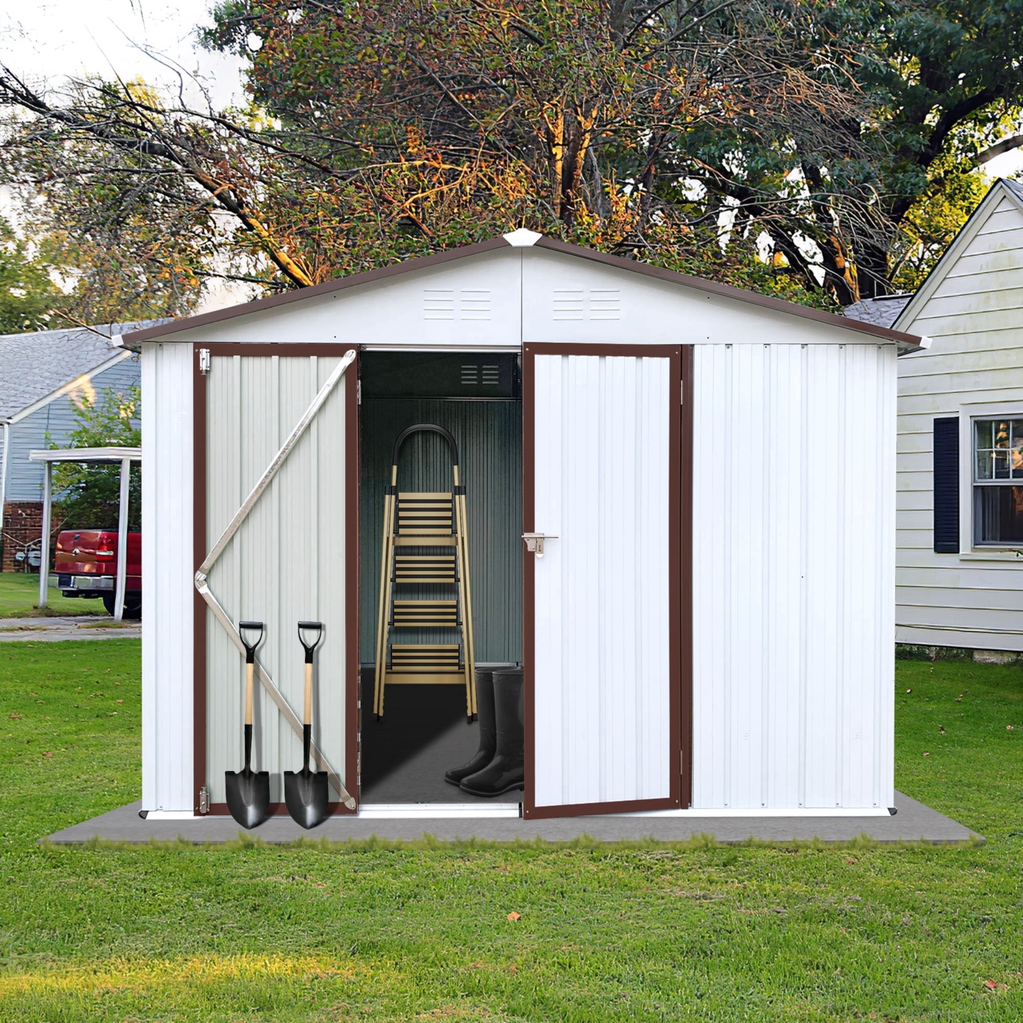 JXXRZ 10x8ft Compact Steel Storage Shed, Weather-Resistant Metal Shed for Garden Tools & Lawn, White&Brown
