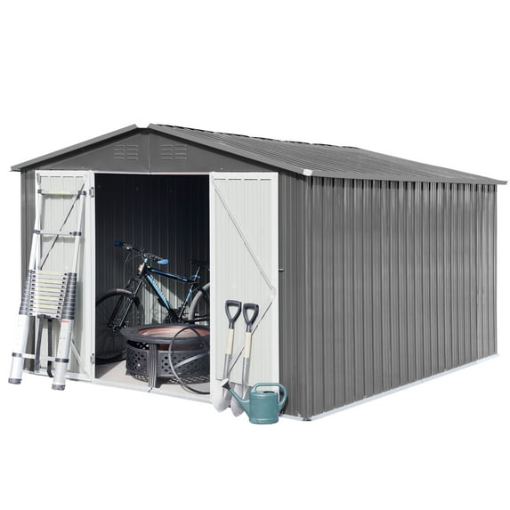 JXXRZ 10x8ft Compact Steel Storage Shed, Weather-Resistant Metal Shed for Garden Tools & Lawn, Grey