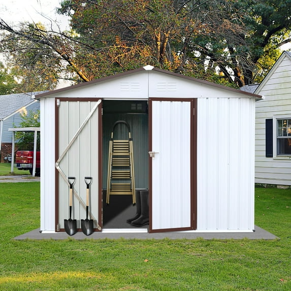JXXRZ 10x8ft Compact Steel Storage Shed, Weather-Resistant Metal Shed for Garden Tools & Lawn, White&Brown