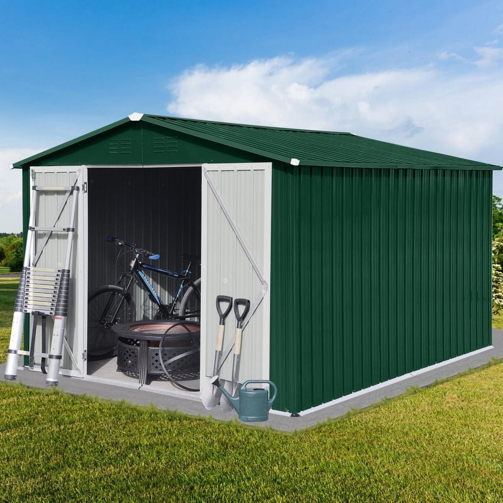 JXXRZ 10x8ft Compact Steel Storage Shed, Weather-Resistant Metal Shed for Garden Tools & Lawn, Green