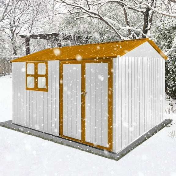 JXXRZ 10x8ft Outdoor Metal Shed with Ventilated Windows, Steel Tool Storage for Backyard & Patio, White&Yellow
