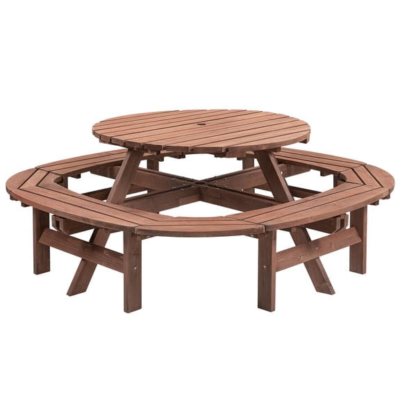 JXXRZ 12-Person Circular Outdoor Wooden Picnic Table w/ 4 Built-In Benches, 500lbs Capacity Per Bench - Brown