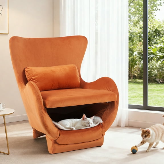 JXXRZ 2-in-1 Pet Friendly Modern Velvet Accent Chair with Cat House, Mid-Century Lounge Chair for Living Room Office, Orange